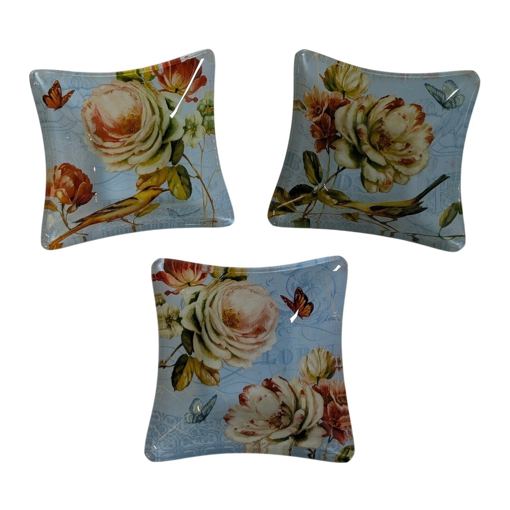 Set of 3 Lisa Audit Glass Trinket Dishes Floral Bird Butterfly Square Blue